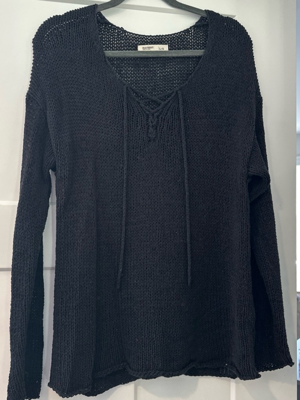 Old Navy Black Lace-Up V-Neck Open-Knit Sweater